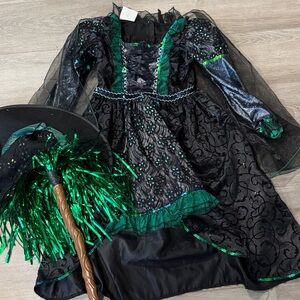 Girls Black and Green Witch Costume Dress with Hat Elphaba Wicked Wizard of Oz